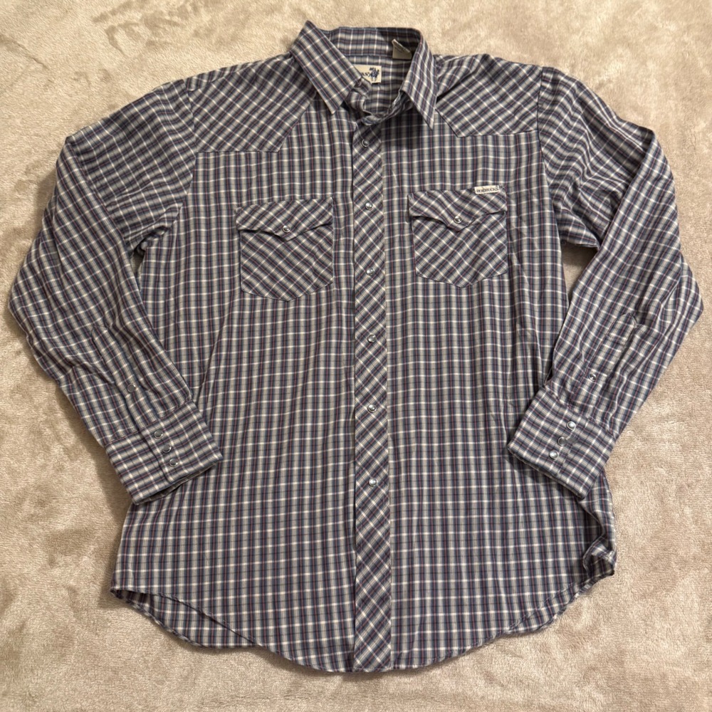Roebucks Vintage Mens Western Pearl Snap Shirt Plaid Blue Red Large